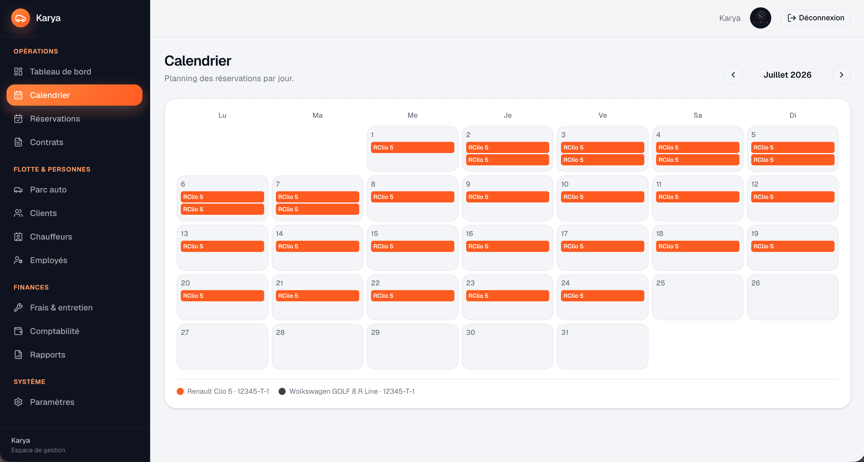 Planning des réservations Karya